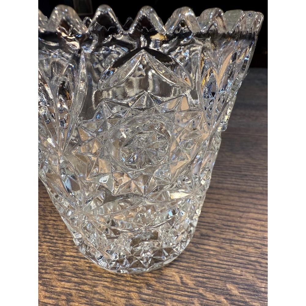 Vintage Pressed Glass "Hobstar‎ & Fan" Ice Bucket – Mid-Century Starburst Vase - Picture 4 of 11